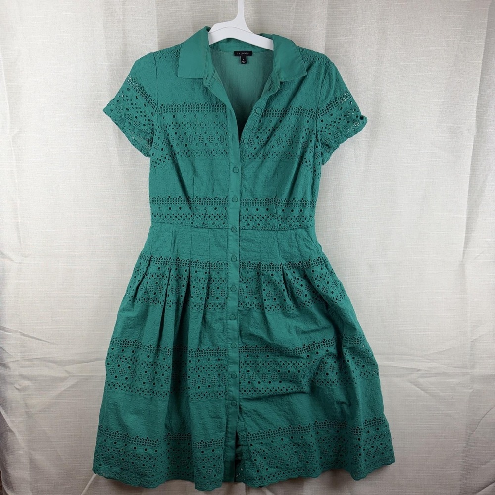 Talbots Dress Womens 8 Green Eyelet Lace Short Sleeve Shirt Fit Flare Casual